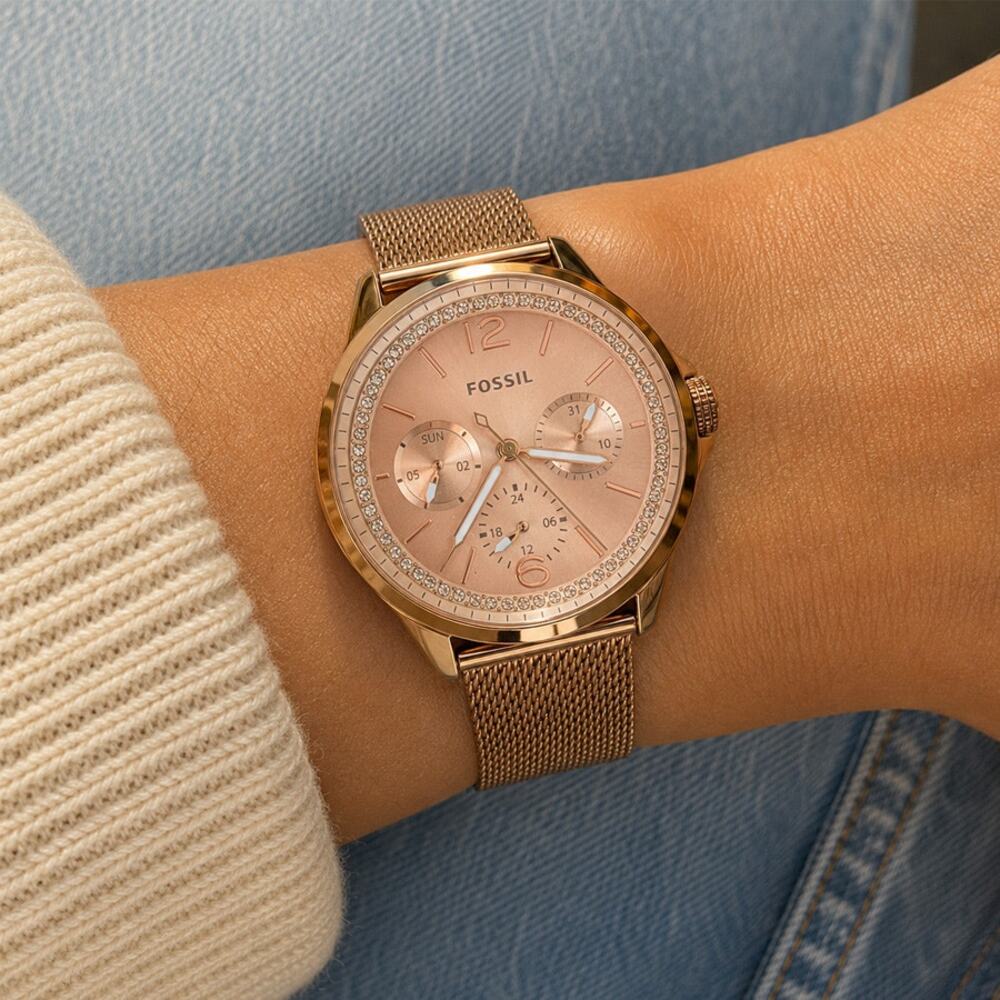 Fossil Rose Gold Multifunction Crystal Bezel Stainless Steel Watch